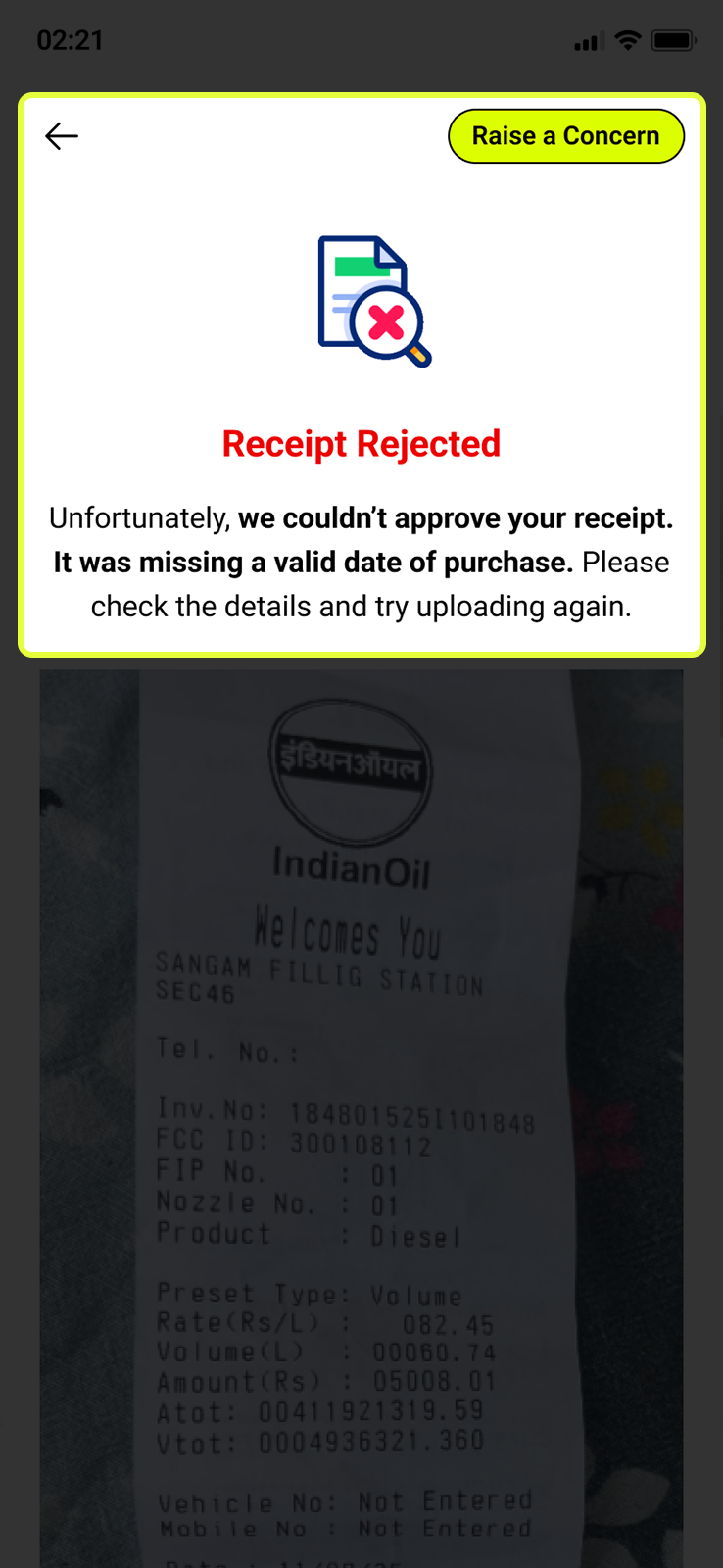 If your receipt is rejected